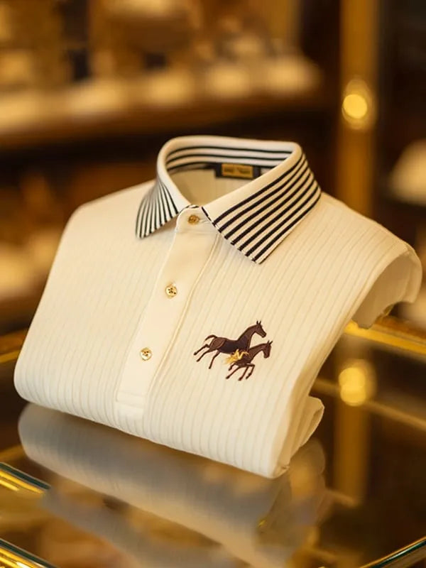Men's Retro Business Stripe Print Long Sleeve POLO Shirt
