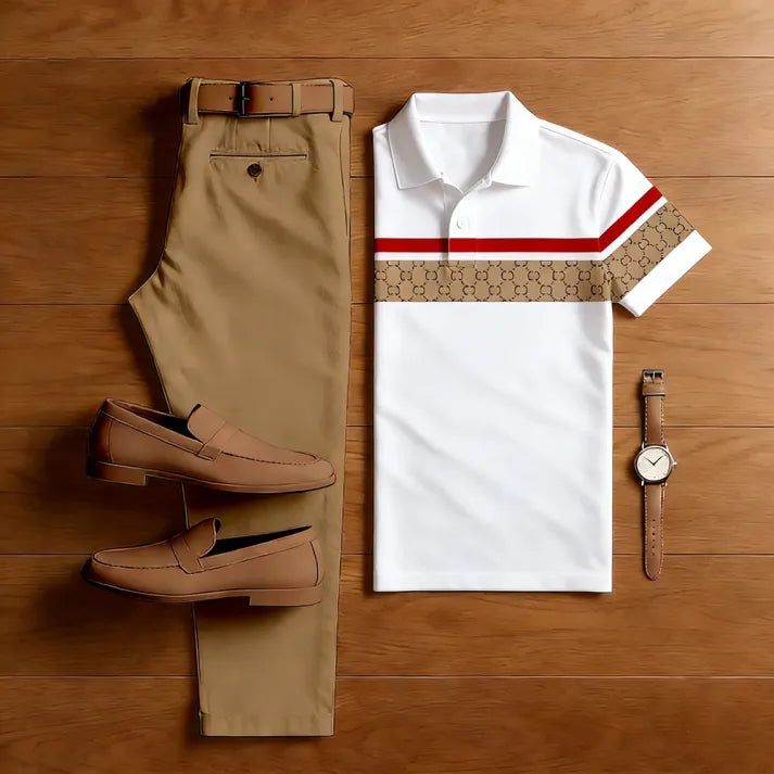 Riviera Stripe Polo & Khaki Trouser Premium Co-Ord Set for Men